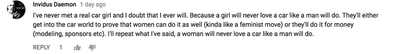 Illustration for article titled The Comments On This Video About A Lack Of 'Car Girls' Are Why There's A Lack Of Car Girls